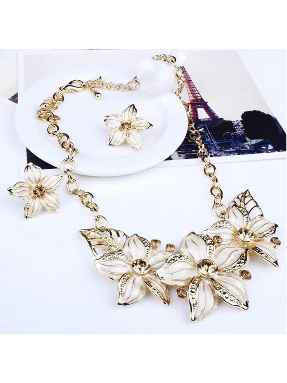 Elegant Crystal Flower Statement Jewelry Set - Gold Plated Necklace & Earrings